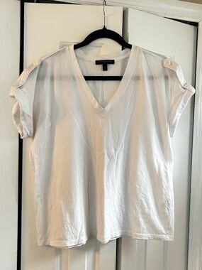 Banana Republic White V-Neck Short Sleeve Top with Cuffed Button Shoulders